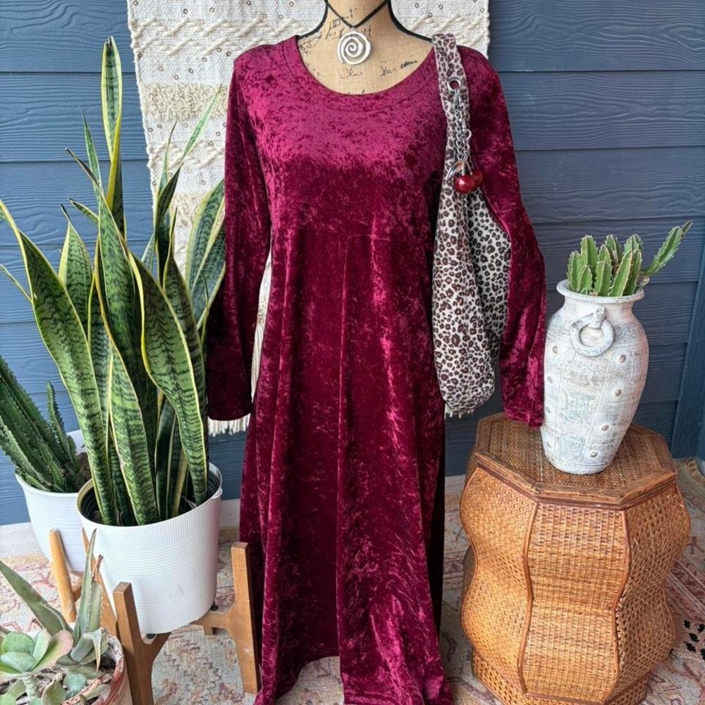 Vintage 90s Teddi Burgundy velvet maxi dress witchy boho whimsy